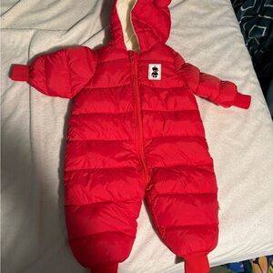 Vibrant Red Bear Baby Puffer Footie Fleece Lining 0-6 months NWOT